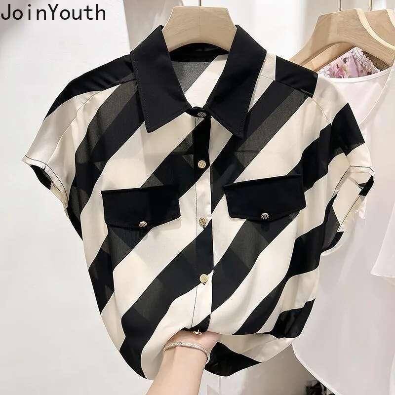 2025 Womenn Clothing Contrast Color Striped Shirts Camisas De Mujer Chiffon Summer Blouses Oversized Tops Vintage Blouse 63e234