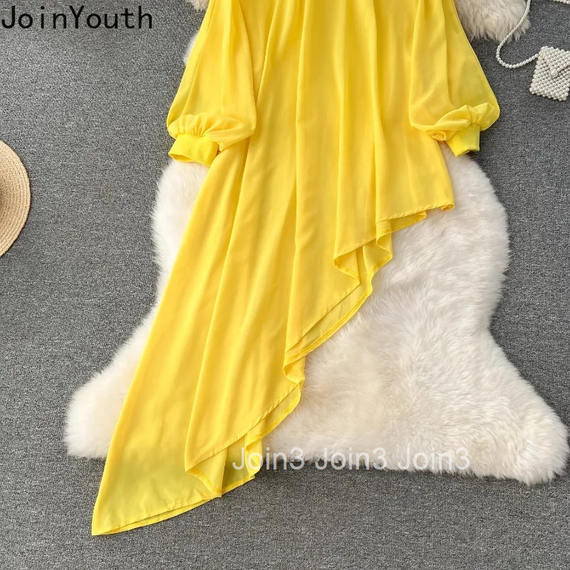 2025 Vestidos De Mujer Irregular Dress Womens Clothing Lantern Sleeve Stand Neck Loose Robe Femme Chic Chiffon Loose Dresses