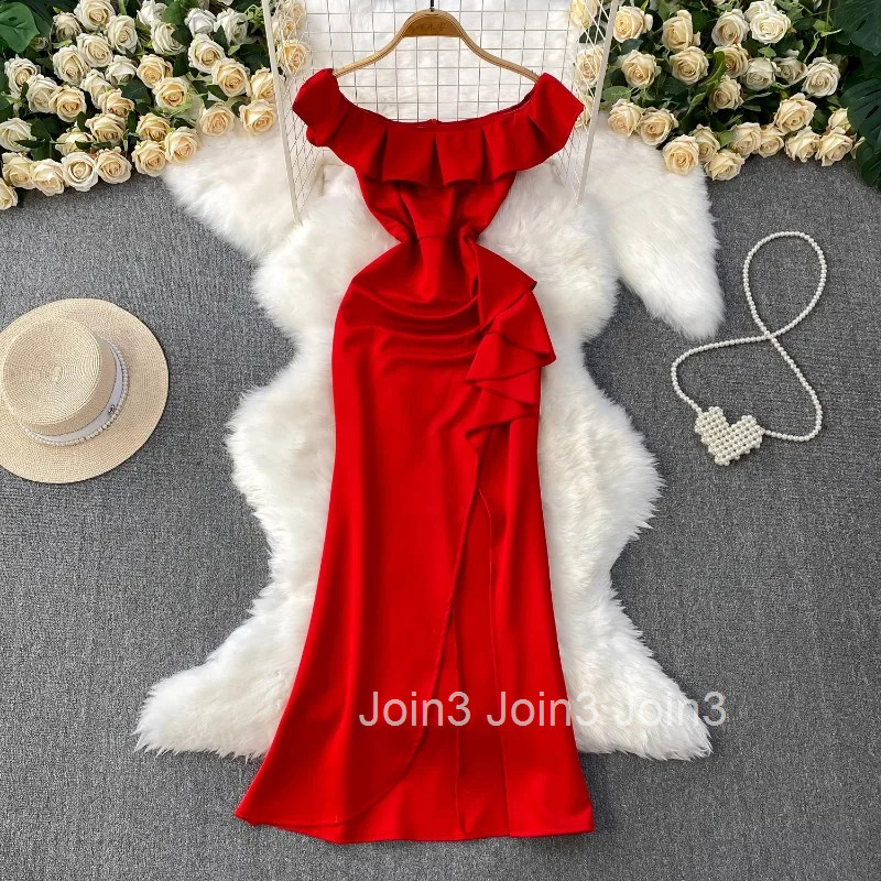 2025 Vestidos De Mujer Summer Dress for Women Slim Waist Slim Fit Split Robe Femme Ruffles Elegant Slash Neck Maxi Dresses