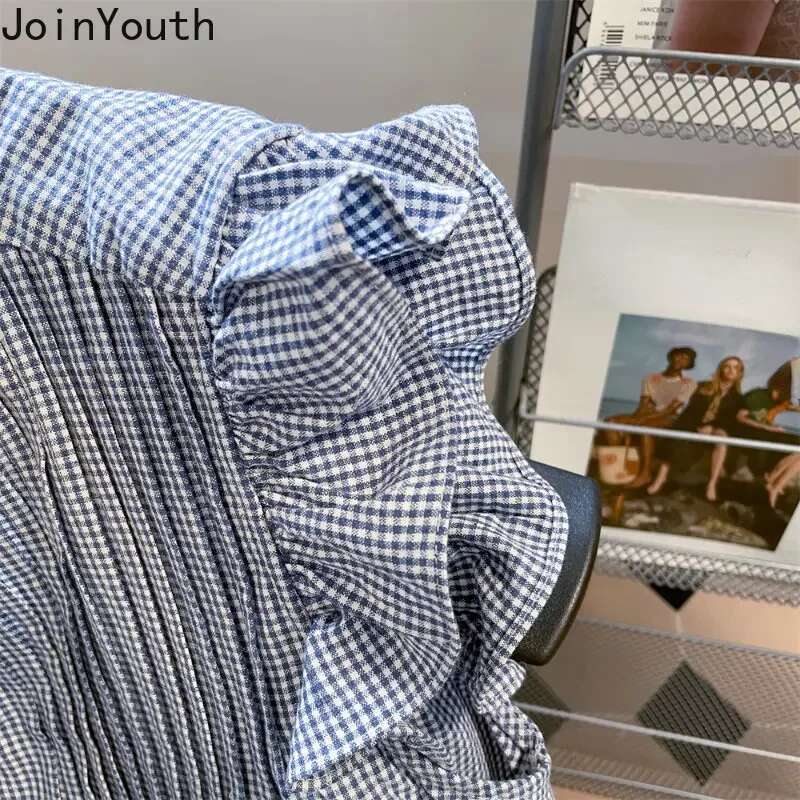 Summer Women Shirts Vintage Flying Sleeve Ruffles Sweet Blouse 2025 Blusas Mujer De Moda Folds Korean Tops Loose Plaid Blouses