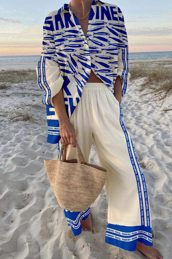 Summer Printed Long Sleeve Shirt Wide Leg Pants 2Piece Outfits Female Beach Holiday Sets 2025 Fashion Women Two Piece Set 250617