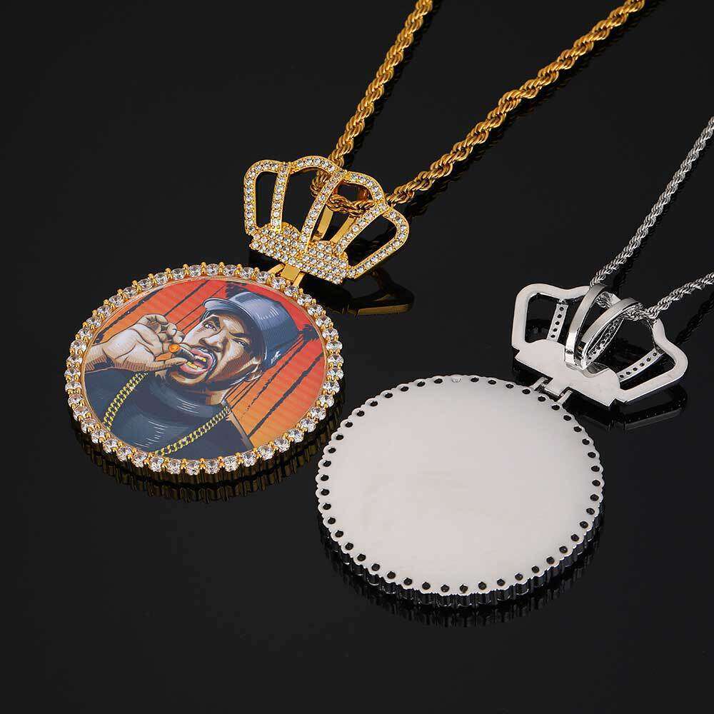 Hip Hop Crown Large Round Personality Pendant DIY Creative Photo Frame Zircon Men's Necklace a680
