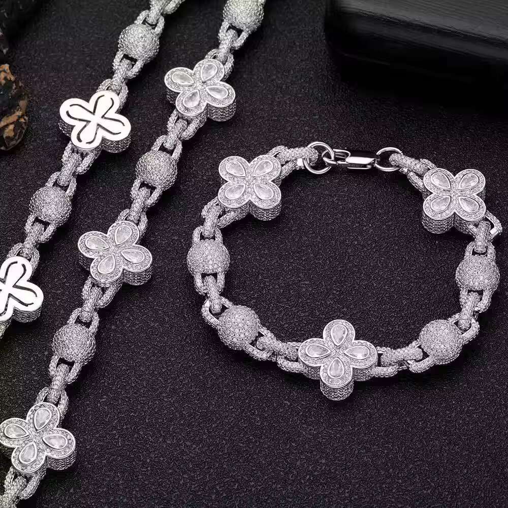 Hot Sale Hip Hop Full Bubble Bead Necklace Chain Four Leaf Clover Jewelry Men Necklace Accessories Cuban Necklace for Men