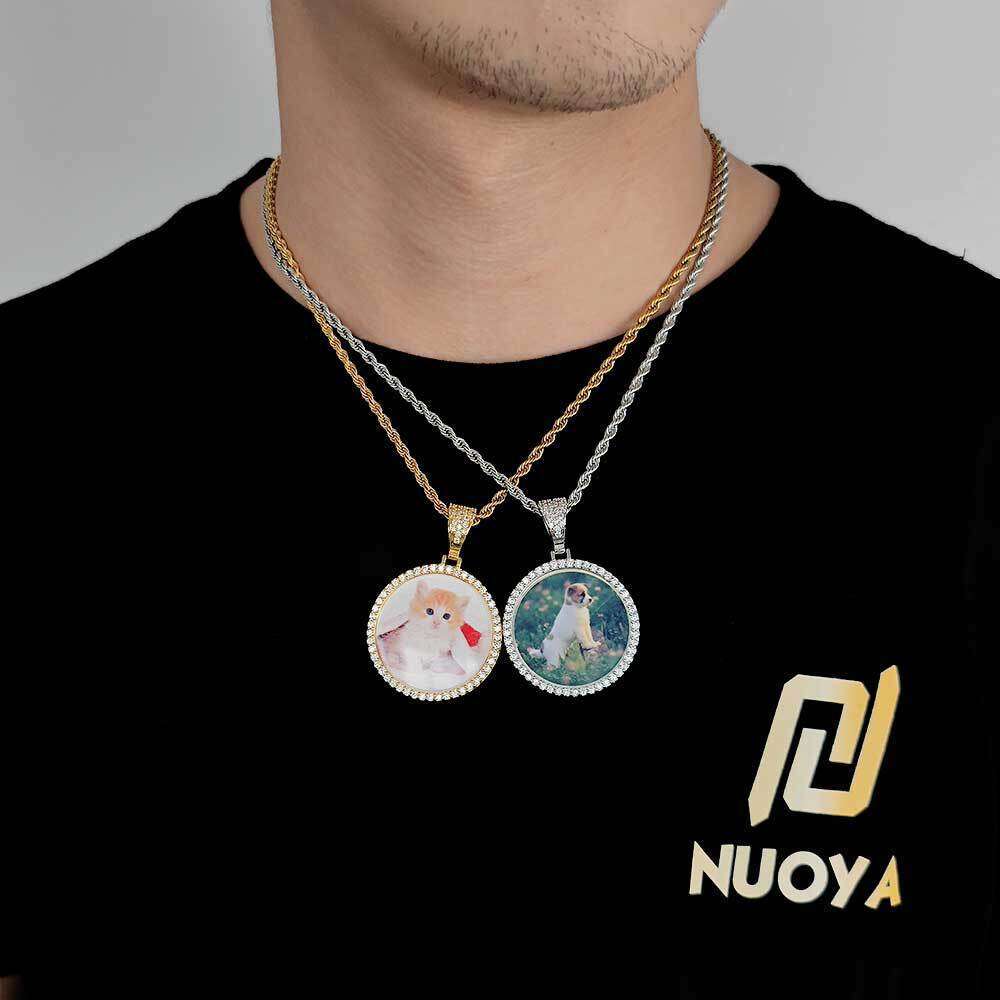 Hip Hop Small Round Trendy DIY Creative Photo Frame Zircon Pendant Men's Necklace 0b36