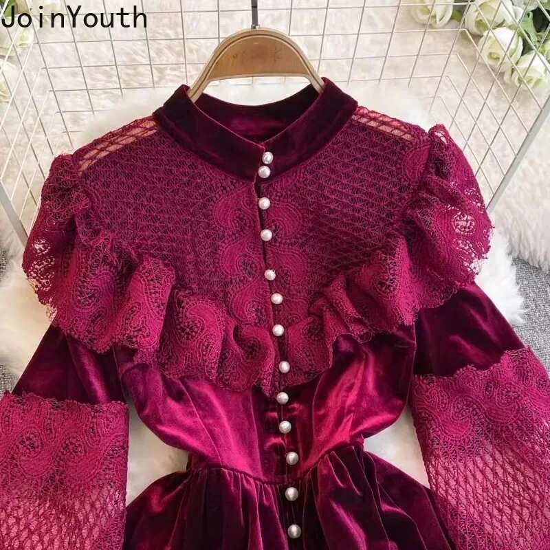 Vintage Woman Dress Stand Neck Single Breasted Patchwork Lace Long Robe Femme 2025 Fashion Ruffles Party Velvet Maxi Dresses