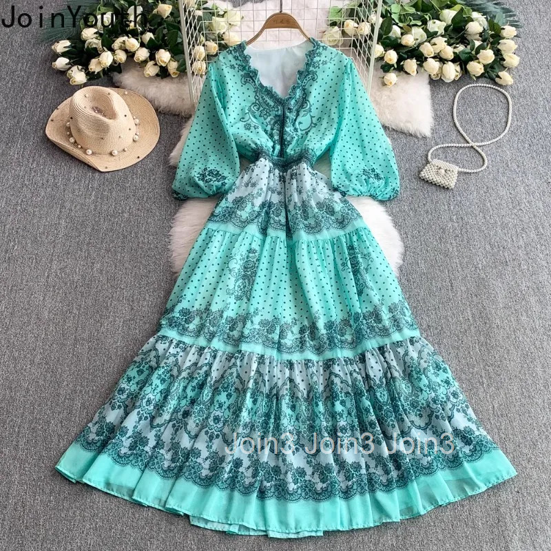 Elegant Print Dress Women V-neck Ruffles Lantern Sleeve Robe Femme 2025 Vestidos De Mujer Vintage Big Swing Summer Maxi Dresses