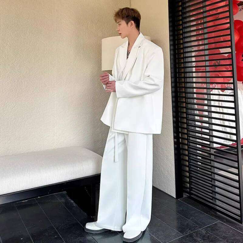 IEFB Niche Design Men's Two-Piece Solid Color Double Layers Collar Lace-Up Blazer Casual Straight Leg Male Suit Pants Chic 9W679