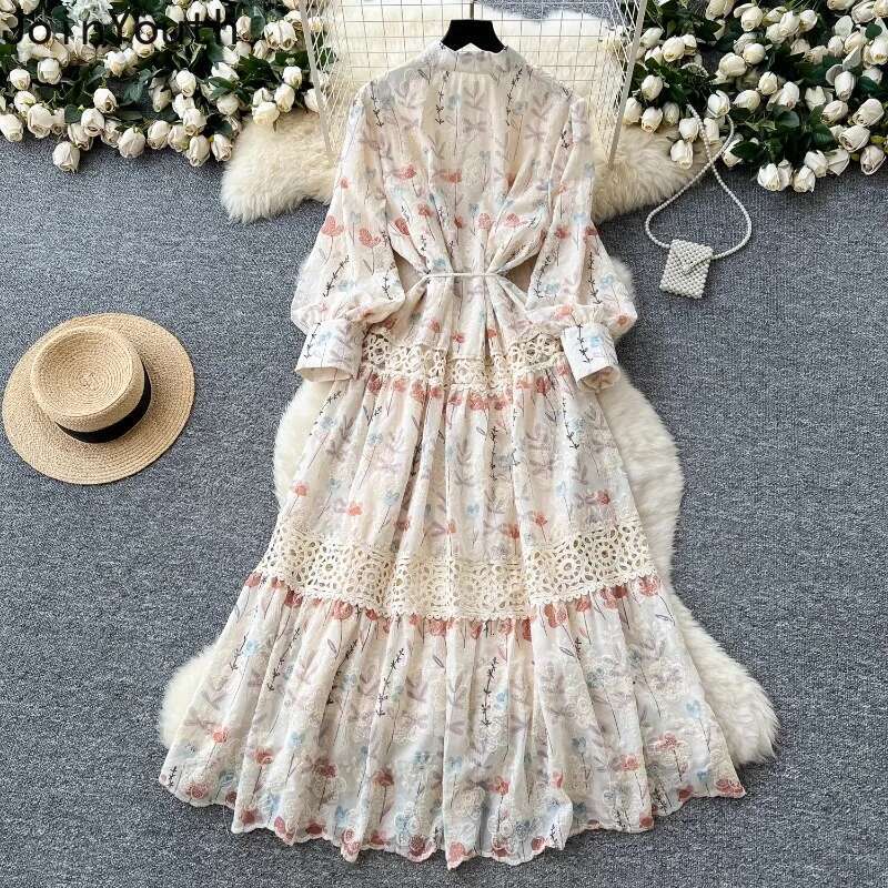 Floral Dresses Women Clothing 2025 Vestidos De Mujer Patchwork Lace Slim Waist Vintage Robe Femme Embroidery Hollow Out Dress
