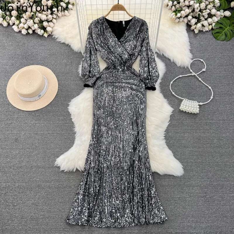 2025 Vestidos De Mujer Party Dresses for Womens V-neck Lantern Sleeve Tunic Temperament Robe Femme Sequin Bodycon Maxi Dress