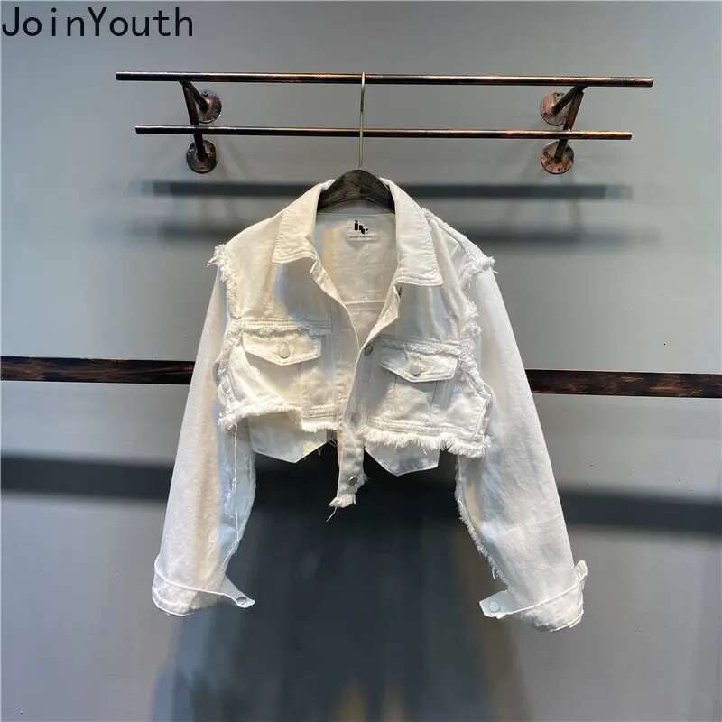 Streetwear Crop Tops Fashion Denim Jacket Womens Clothes Korean Harajuku Y2k Top Casual White Slim Fit Coat 2025 Ropa Mujer
