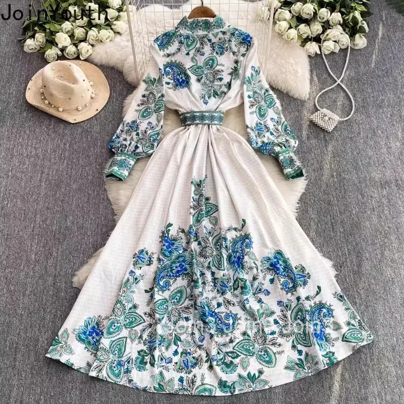 Stand Neck Maxi Dresses for Women Temperament Robe Femme Single Breasted Floral Vintage Slim Waist Dress Korean Vestido Femme
