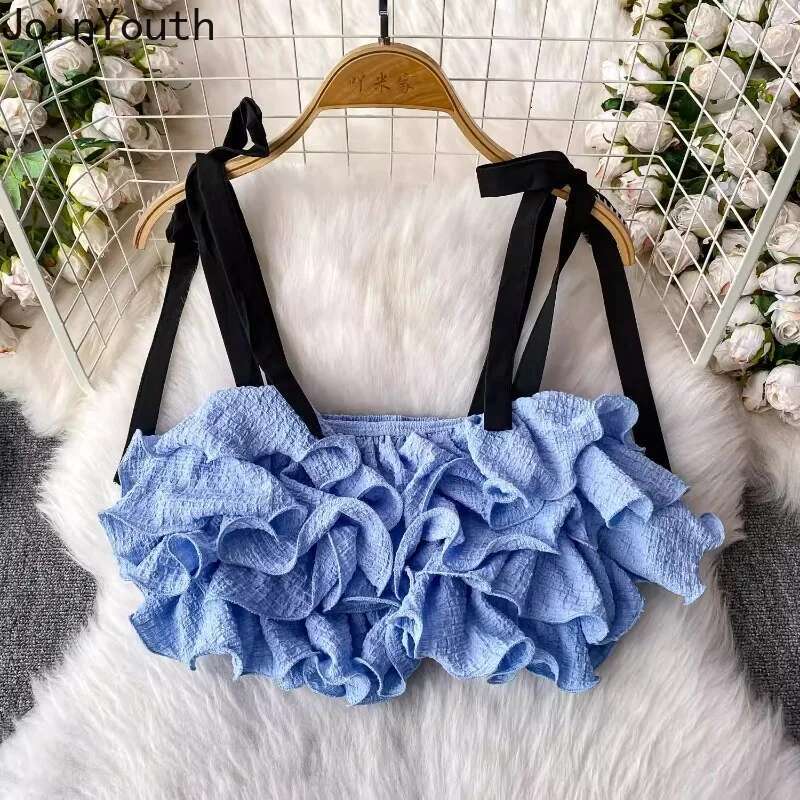 Women Clothes Sweet Vest Crop Tops Bandage Bow Ruffles Tees Fashion Sweet Tees Korean Sexy Camis Backless Folds Summer Y2k Tanks