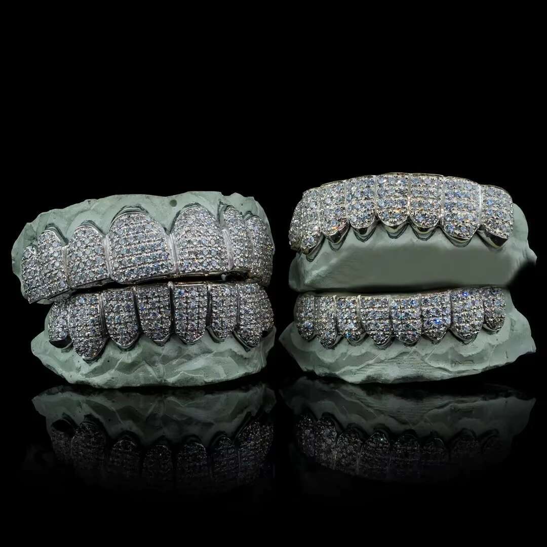 Luxury 14k 18K White Gold Hip Hop Custom 925 Silver Teeth Grillz Iced Out Grillz VVS Moissanite Diamond Grillz Teeth for Men