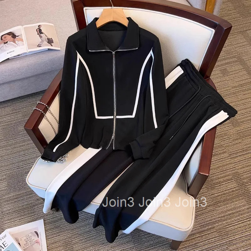 Korean Tracksuit 2 Piece Sets Womens Outfits Tunic Zipper Tops High Waist Straight Wide Leg Pants Suit Casual Fashion Set 27s111