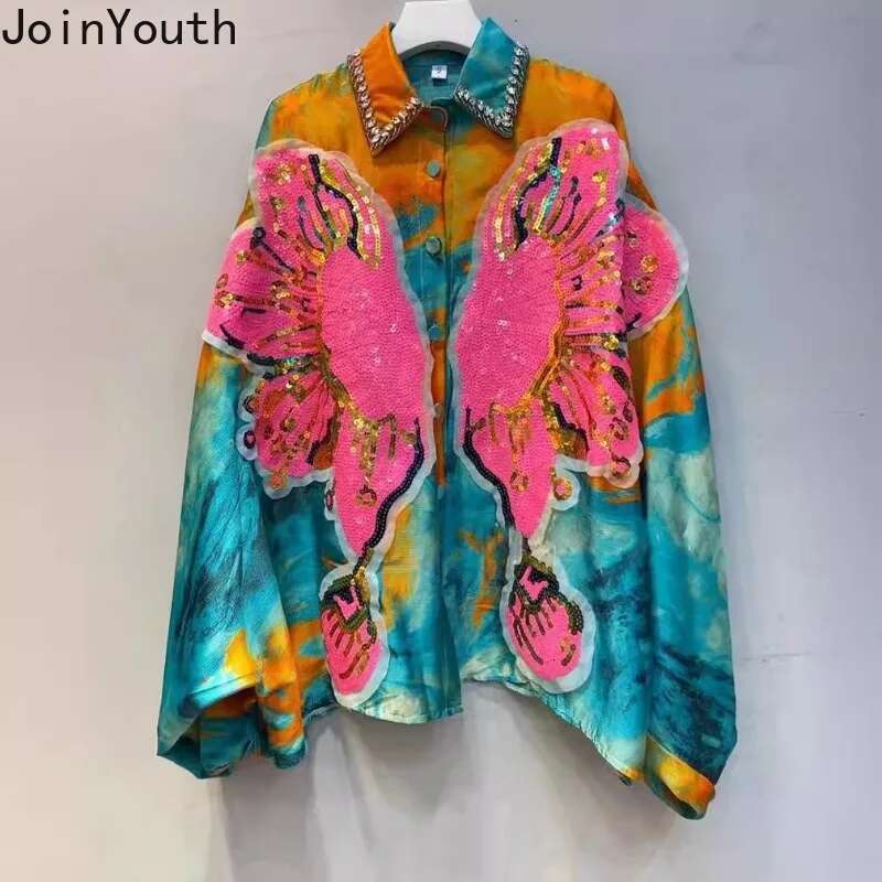 Floral Vintage Blouses for Women Summer Blusas Mujer De Moda Heavy Sequin Loose Shirts Vintage Korean Blouse Temperament Tops