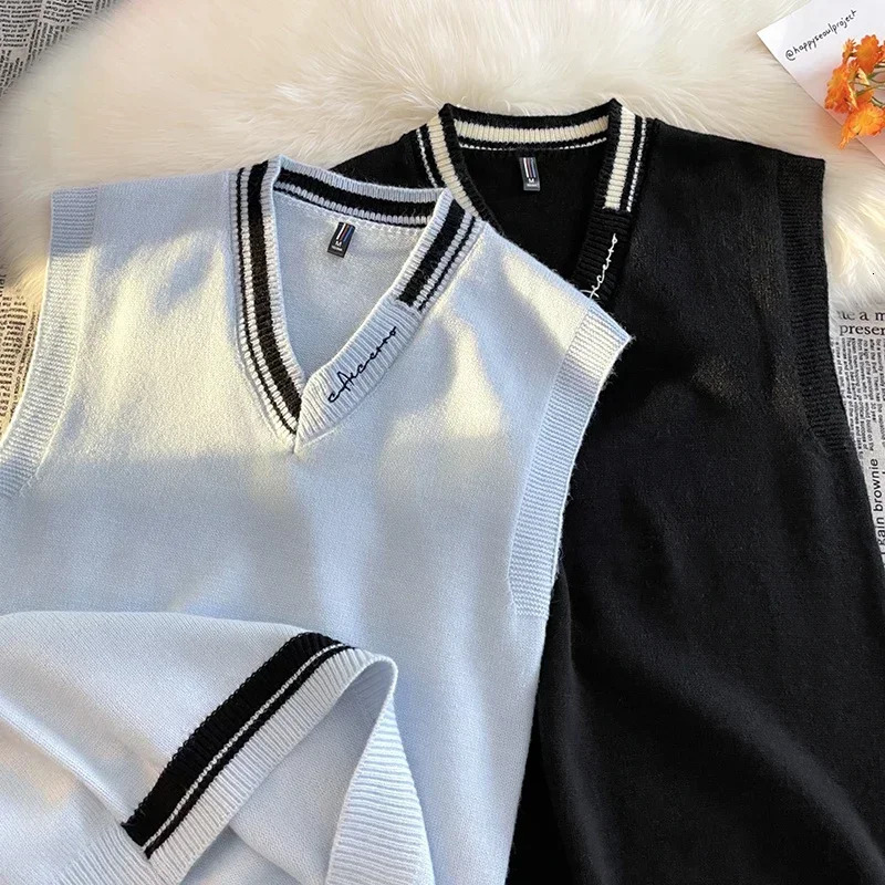 Sweater Knit Vest for Men Autumnwinter Preppy Vneck n with Loose Fashion Trend 250618
