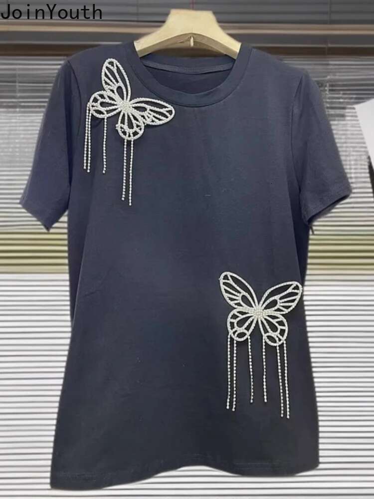 Y2k Top Korean T Shirts Womens Clothing Summer Fashion Camisetas O-neck Short Sleeve Loose Tees Diamond Butterfly Sweet Tshirt
