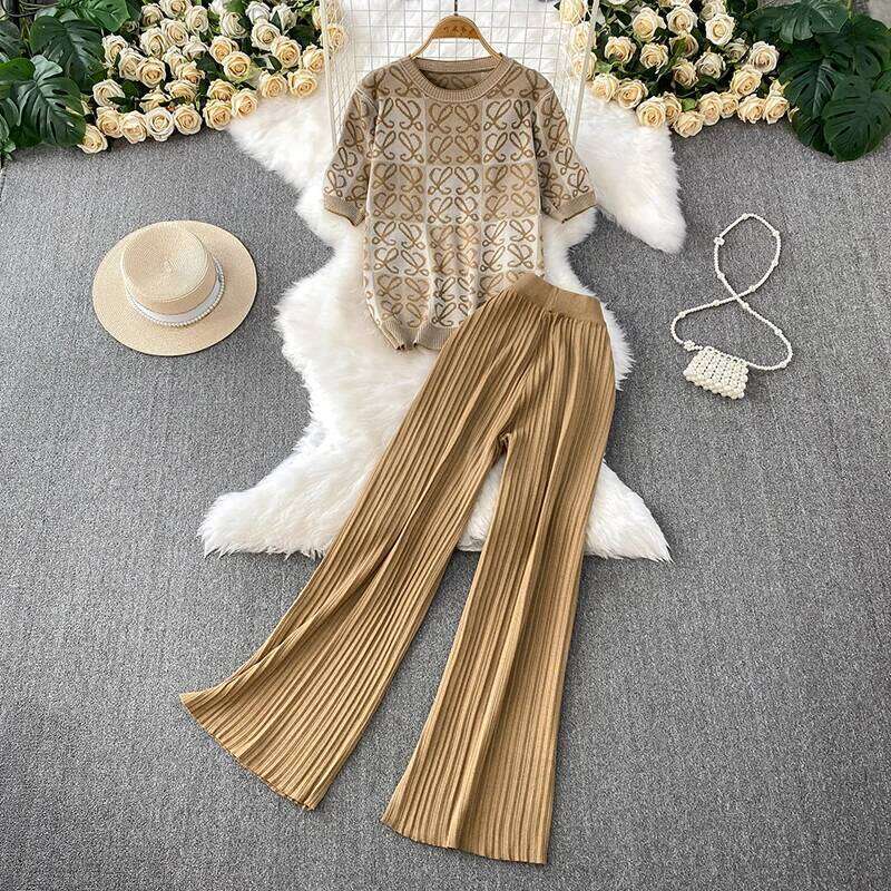 Designer Leisure High Quality Fashion casual suit women's summer new loose print round neck knitted T-shirt top+high waist slimming wide leg pant