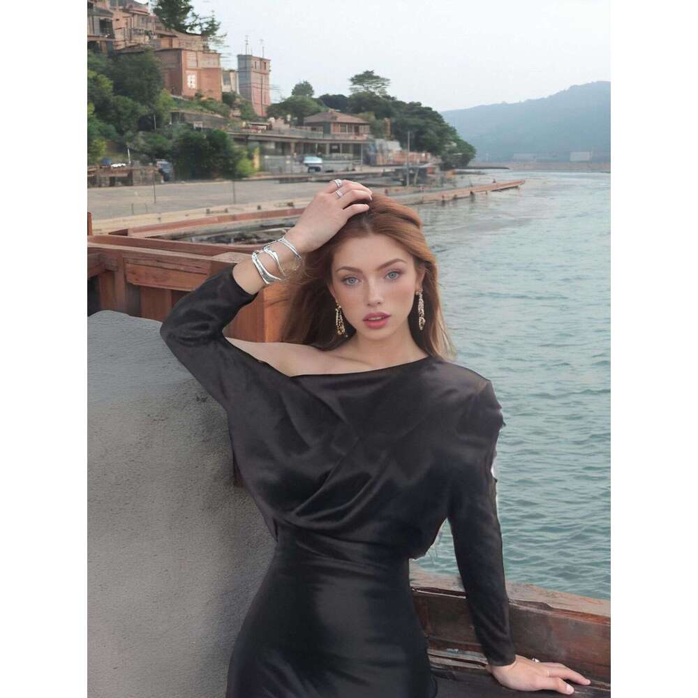 White Skirt Maxi Skirt Asymmetric Shoulder Triacetate Solid Color Off Shoulder Dress Long Sleeve Elegant Long Skirt