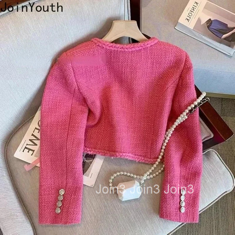 Fall Winter Clothing Fashion Women Coat Square Collar Long Sleeve Pockets Outwear Crop Tops Vintage Tweed Temperament Jackets