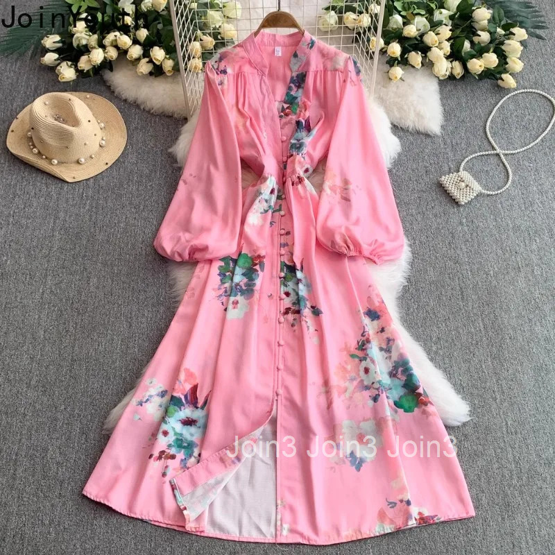Vintage Single Breasted Womens Dress V-neck Lantern Sleeve Slim Waist Robe Femme Floral Summer Dresses 2025 Vestidos De Mujer