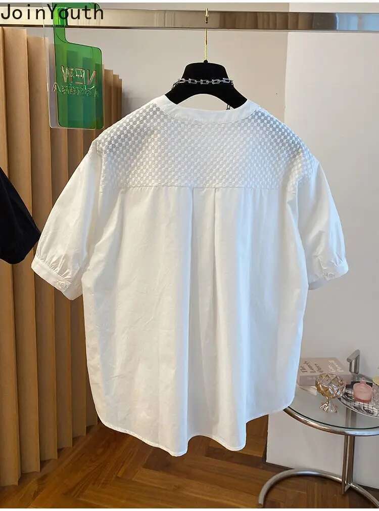 2025 Blusas Mujer De Moda White Women Blouse O-neck Patchwork Puff Sleeve Oversized Tops Vintage Irregular Summer Blouses Shirts