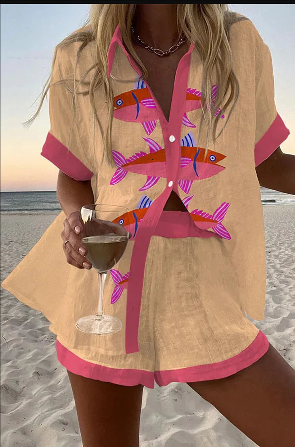 Summer Print Beach Holiday Set For Women Fashion Short Sleeve Buttoned Shirt Wide Legs Shorts Oversized Two Piece Set 250617
