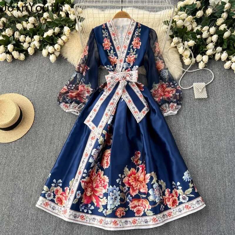 Floral Summer Dress Women Slim Waist Bandage Temperament Robe Femme 2025 Vestidos De Mujer Vintage Elegant Maxi Dresses 27w921