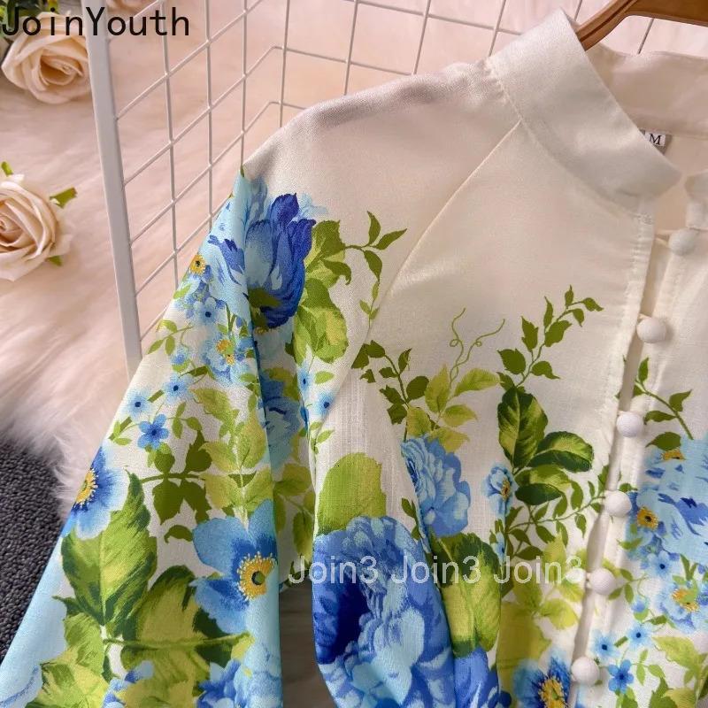 Korean Women Dress 2025 Vestidos De Mujer Slim Waist Stand Neck Temperament Robe Femme Floral Vintage Summer Maxi Dresses 27w038