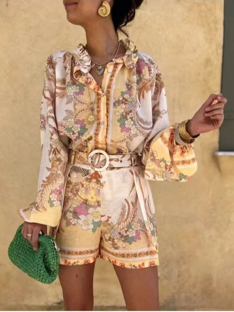Vintage Printed Lantern Sleeve Button Shirt Set Casual Elastic Waist Wide Leg Short Pants Suit For Women 2025 Summer Street Wear 250617