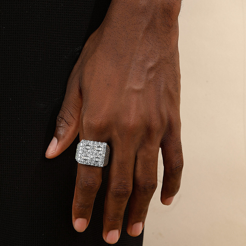 Luxury Moissanite Punk Hip Hop Men's Ring Silver Inlaid Diamond Trendy Unique Design Bold Statement Finger Ring