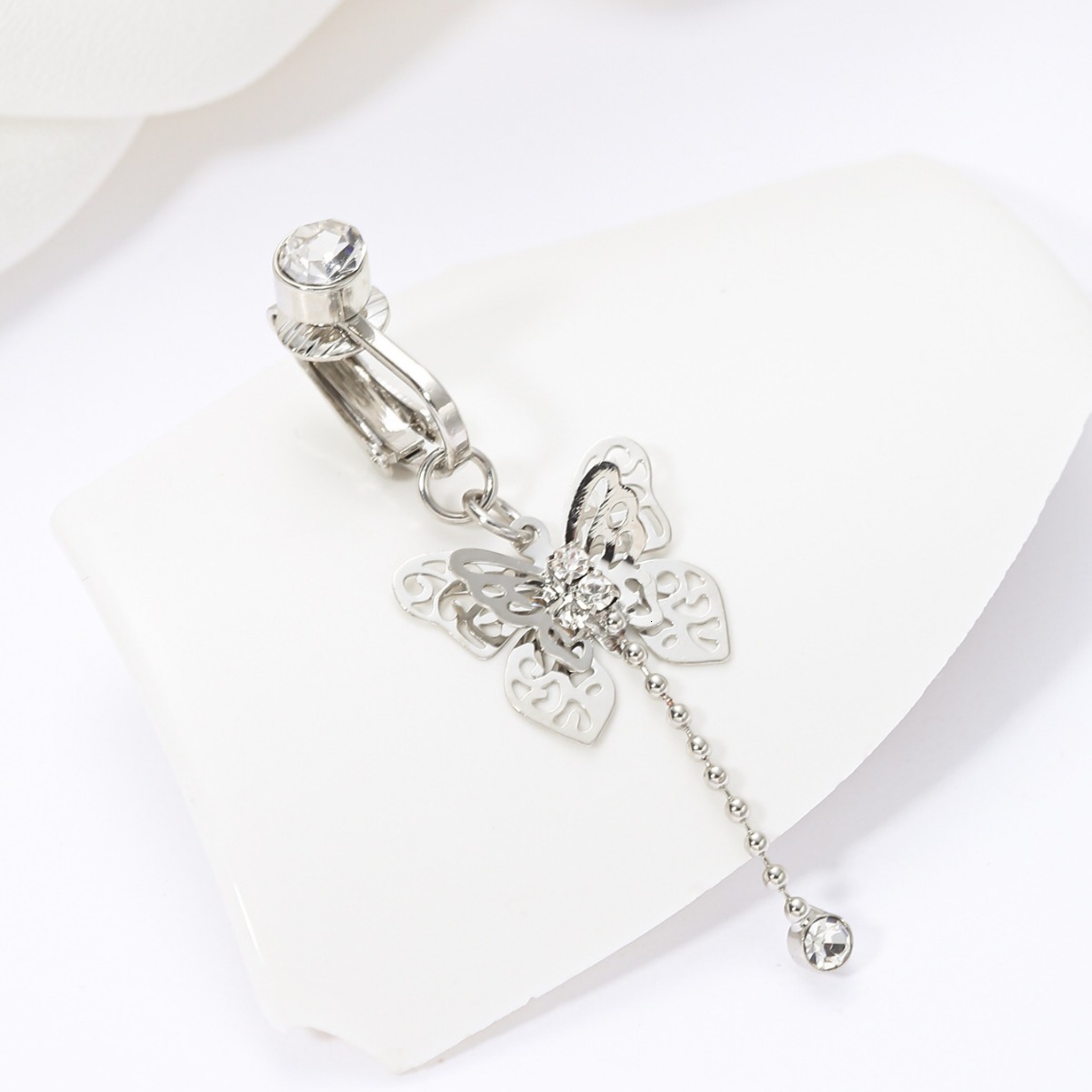 Fashion Ring Long Tassel Personality Butterfly Inlaid Zircon Design Belly Button Clip No Piercing Needed