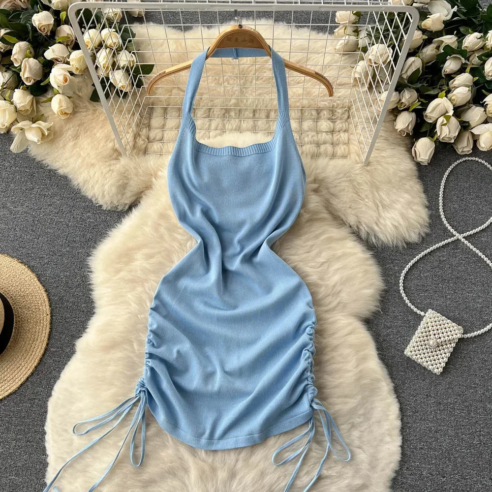 2024 Fashion Y2K Solid Knitted Women Dress Sexy Halter Backless Slim Elastic Bodycon Summer Short MiniDress Streetwear Vestidos 250616