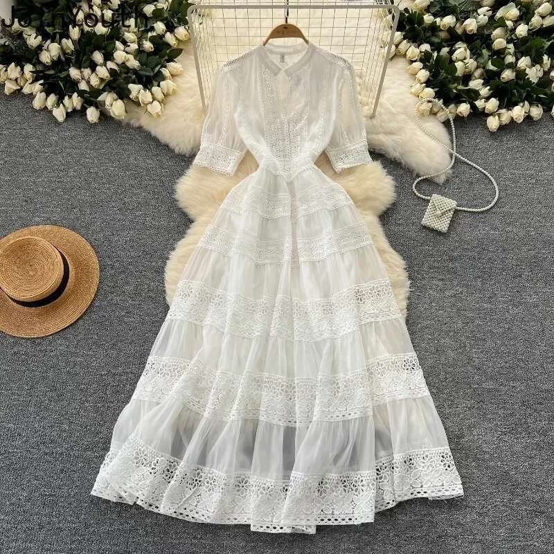 Summer Dresses for Women Slim Waist Short Sleeve Vintage Robe Femme Patchwork Lace Hollow Out Maxi Dress 2025 Vestidos De Mujer