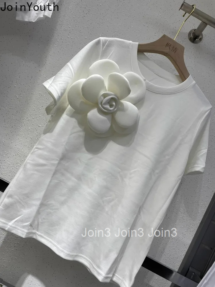 White Woman Tshirts 2025 Ropa Mujer Short Sleeve O-neck Loose Y2k Tops Fashion Summer T Shirts 3D Floral Casual Korean Tees