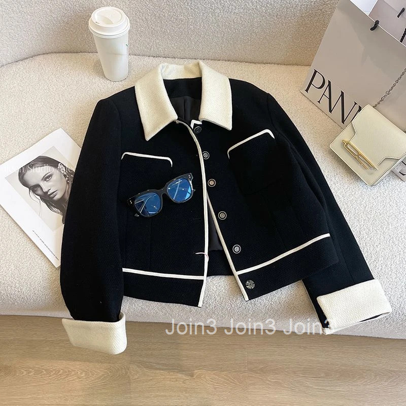 Temperament Jackets for Women Turndown Collar Long Sleeve Tunic Outwear Crop Tops Fashion Korean Vintage Tweed Coat Ropa Mujer