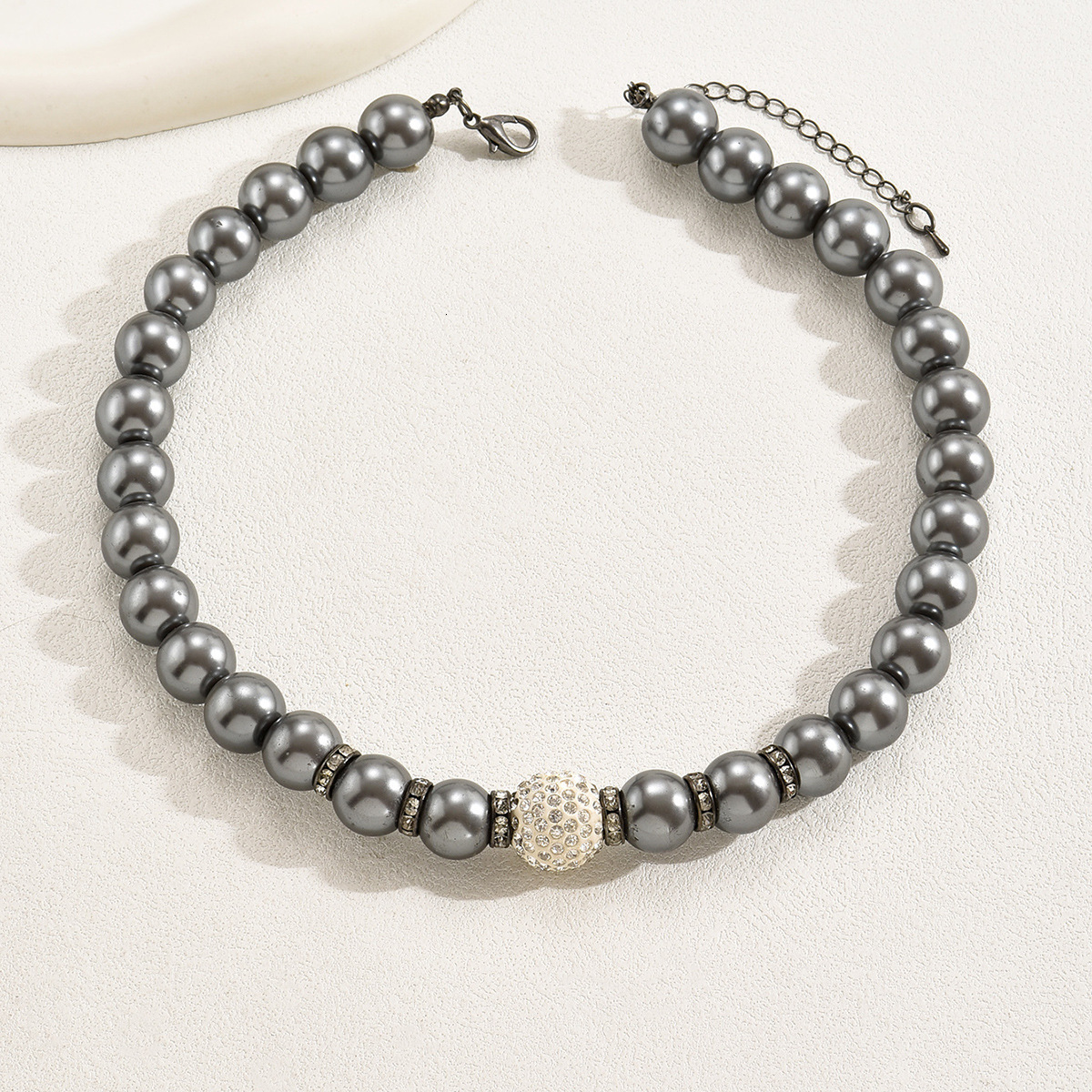 Faux Pearl Necklace With Zircon Inlay, Elegant Dark Gray Clarbone Chain, Chain
