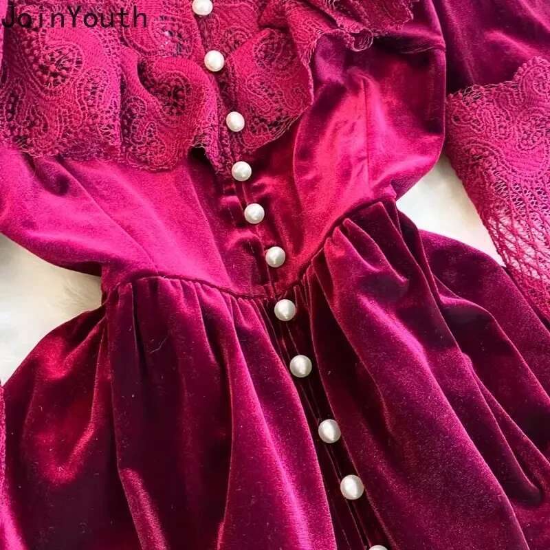 Vintage Woman Dress Stand Neck Single Breasted Patchwork Lace Long Robe Femme 2025 Fashion Ruffles Party Velvet Maxi Dresses