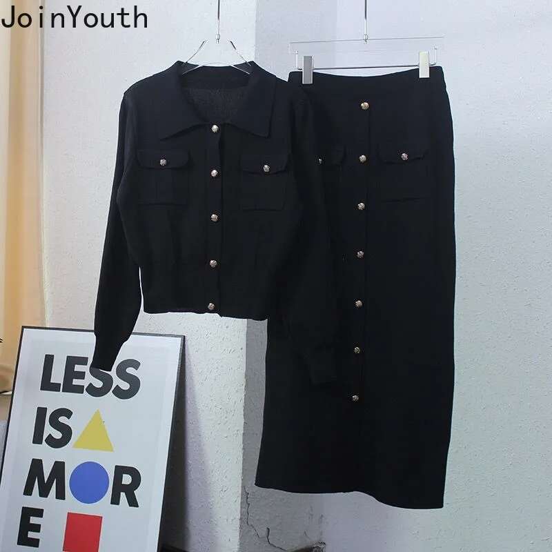 2025 Womens Clothing Knitted Two Piece Sets Vintage Cardigan Coats Bodycon Tunic Skirt Outfits Roupas Femme Chic Skirts Suit