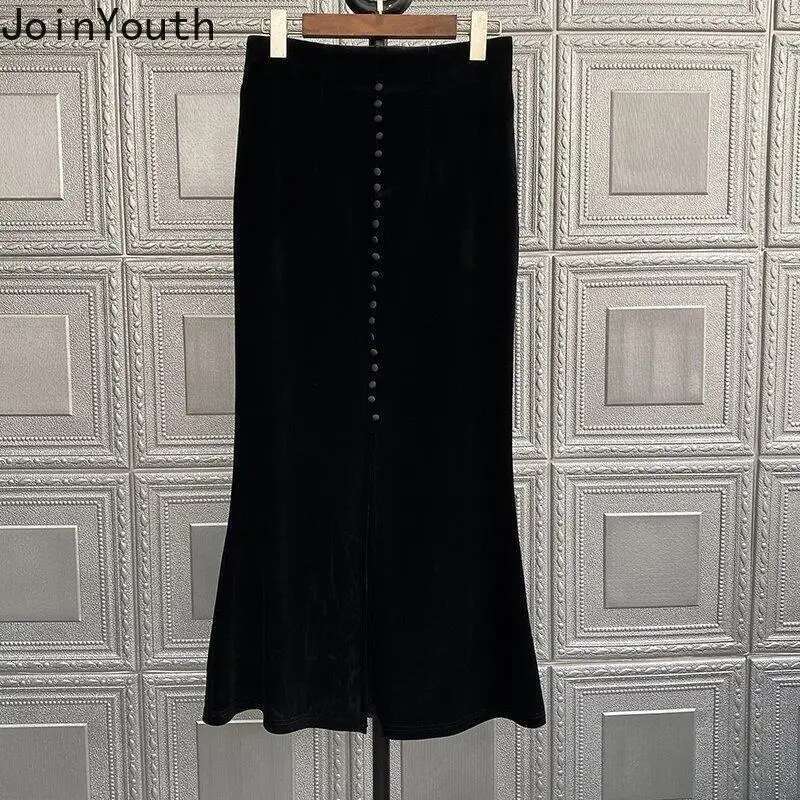 2025 Faldas Mujer De Moda Vintage Long Skirt High Waist A-line Velvet Jupe Fashion Single Breasted Long Skirts Temperament Saia