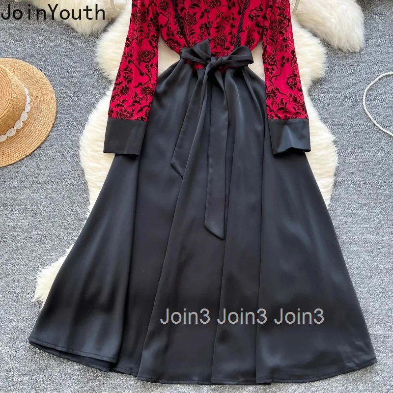 Temperament Robe Femme Maxi Dresses Chic Women Clothing 2025 Vestidos De Mujer V-neck Flocking Floral High Waist Bandage Dress
