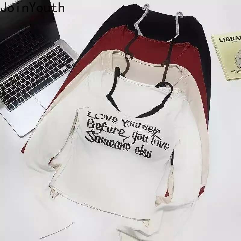 Women Clothes Fake Two Tshirts Tunic Long Sleeve Camisetas Letter Print Tees 2025 Ropa Mujer Casual Fashion Korean T Shirt Tops