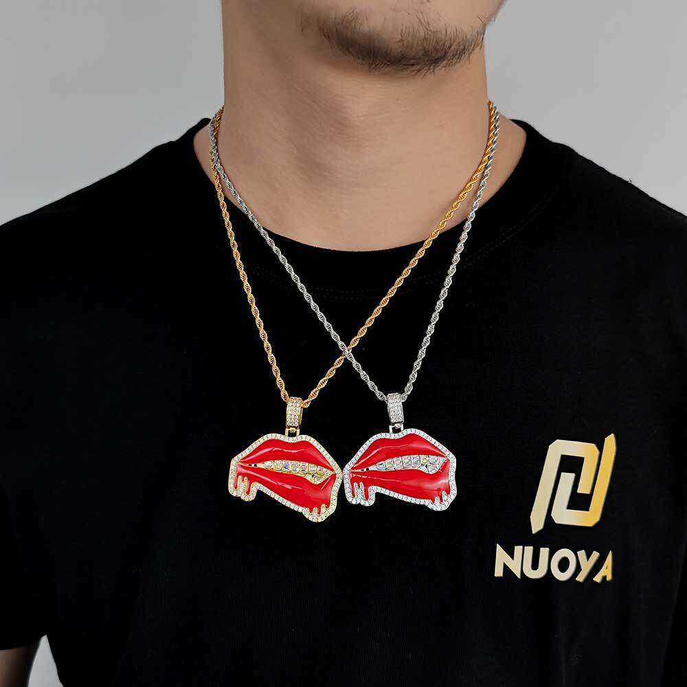 Hip Hop Jewelry Oil Drip Red Lips Copper Inlaid Zircon Trendy Brand Personality Men's Pendant Necklace 5652