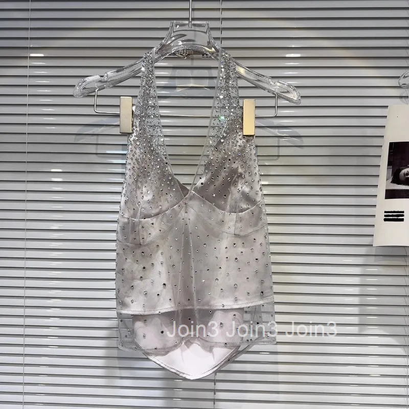 Harajuku Tanks Crop Top Womens Clothing Sexy Korean Tees Backless Gauze Diamond Camis 2025 Ropa Mujer Chic Summer Y2k Vest