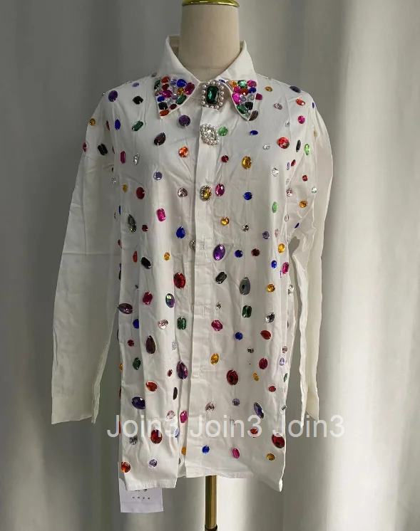 Harajuku Women Tops Fashion Heavy Diamond White Blouses 2025 Camisas De Mujer Long Sleeve Korean Shirt Streetwear Y2k Blouse