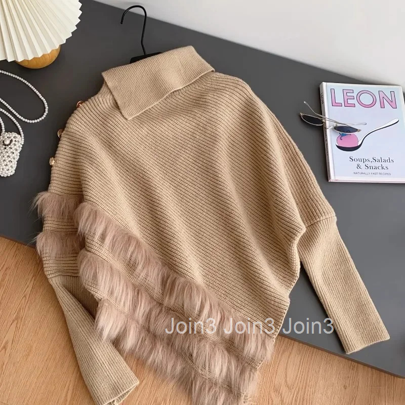 Temperament Jumper Patchwork Furry Pullovers Women Clothing Fashion Irregular Sueter Mujer Single Breasted Knitting Sweater Tops