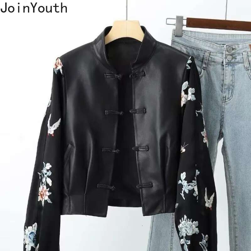Chinese Style Vintage Women Jackets Patchwork Leather Stand Neck Temperament Tops Chic Embroidery Floral Single Breasted Coats