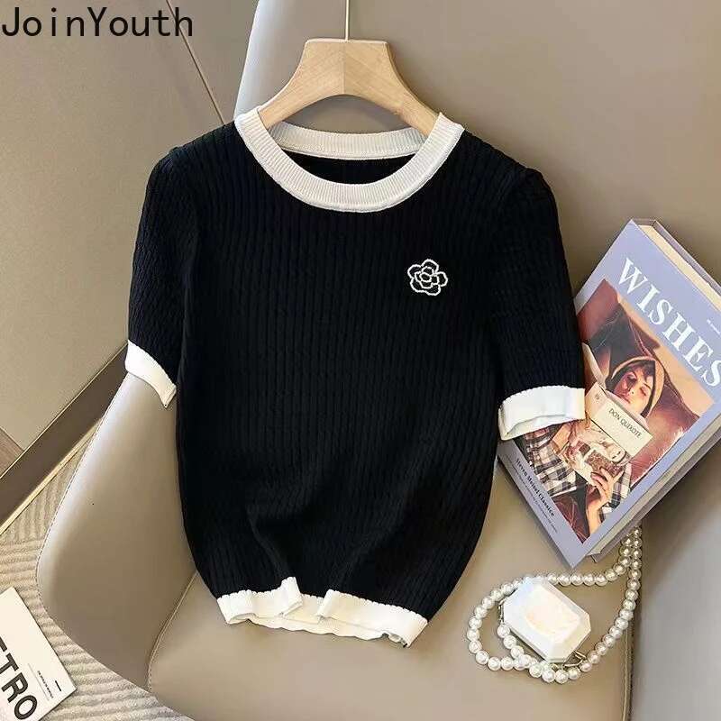Knitted Woman Tshirts Ropa Mujer Short Sleeve O-neck Summer Tees Loose Fashion Korean T Shirt Crop Tops 2025 Shirts for Women