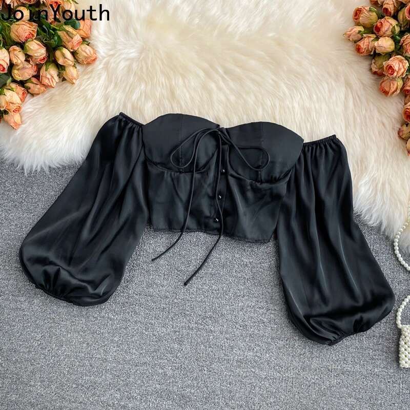 Sexy Crop Tops Blouses Women Long Sleeve Slash Neck Off Shoulder Shirts 2025 Blusas Mujer De Moda Fashion Folds Summer Blouse