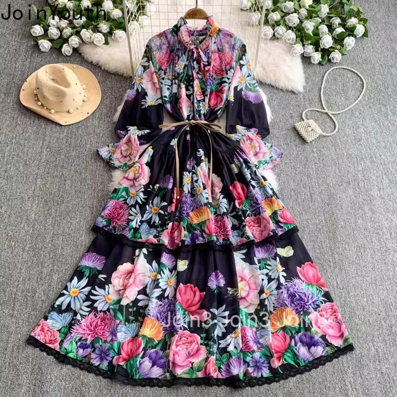 Maxi Dresses Womens Clothing Bandage Slim Waist Floral Robe Femme Bow Single Breasted Lace Summer Dress 2025 Vestidos De Mujer